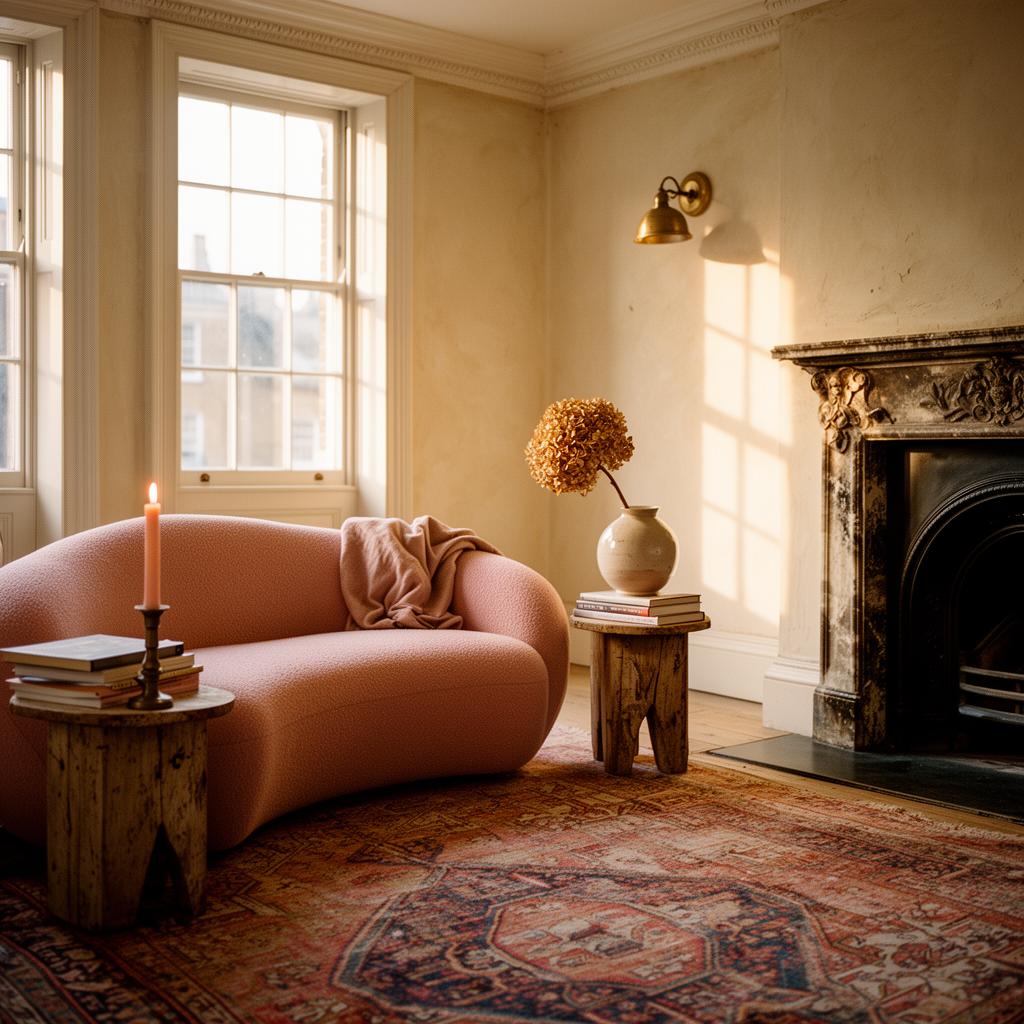 Sun-drenched minimalist living room with dusty rose linen and marble